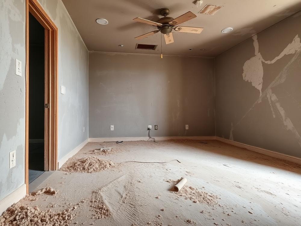 Room before cleaning, covered in construction dust