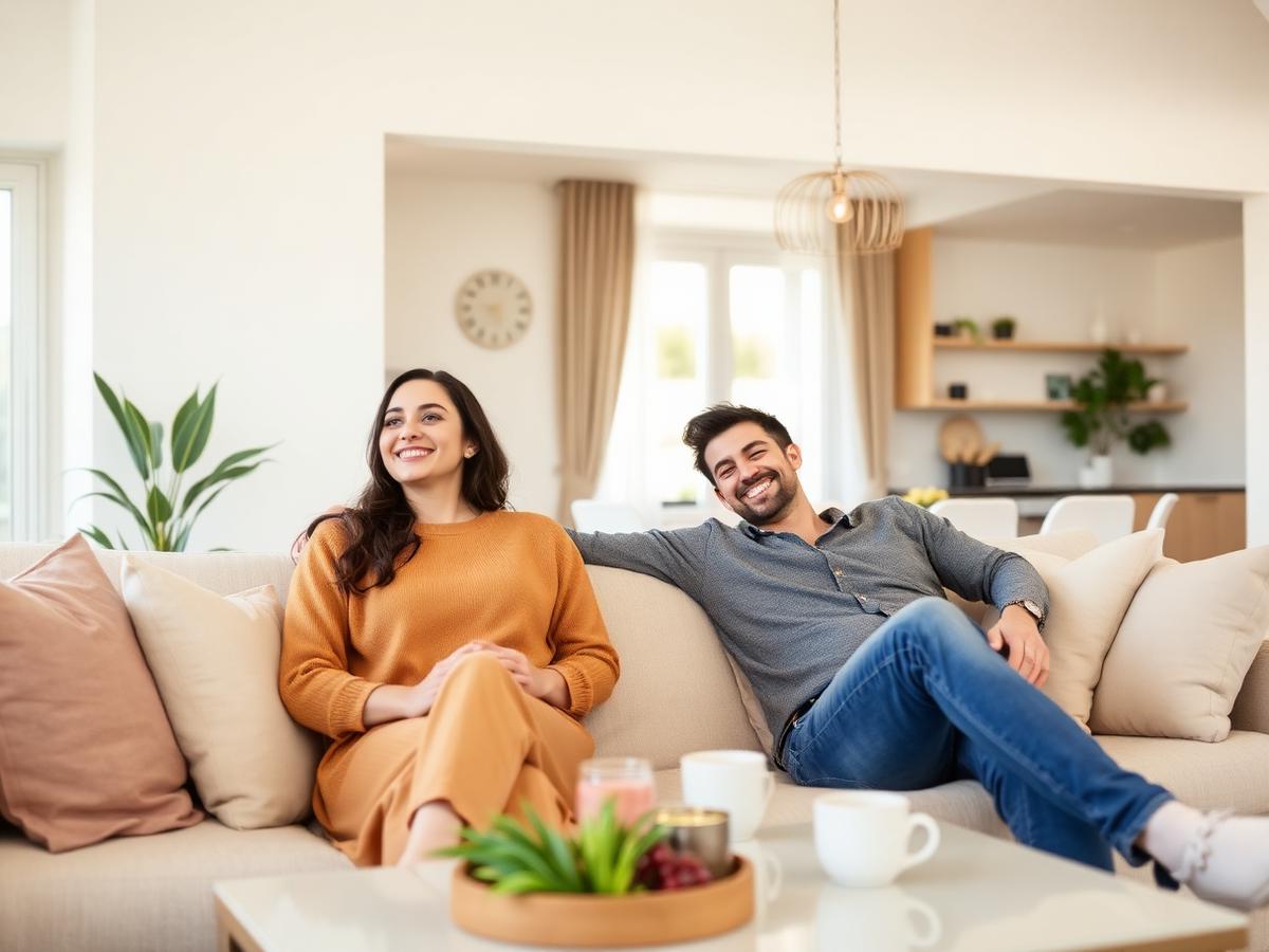 Happy couple relaxing in their freshly cleaned living room